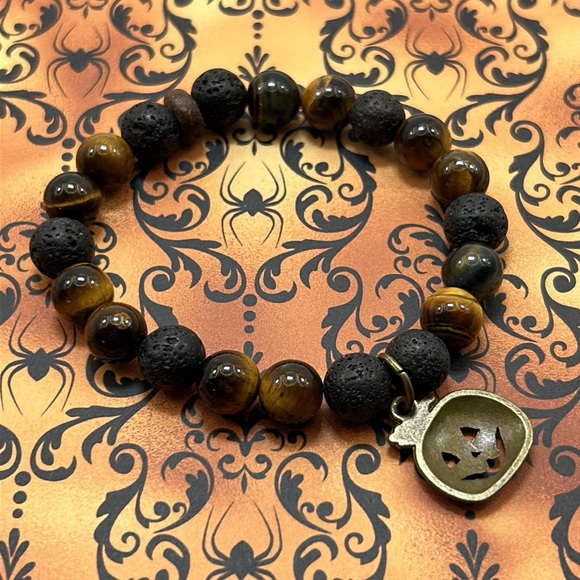 Handmade Halloween Pumpkin Charm Bracelet with Natural Tiger Eye & Lava Rock! - Picture 3 of 6